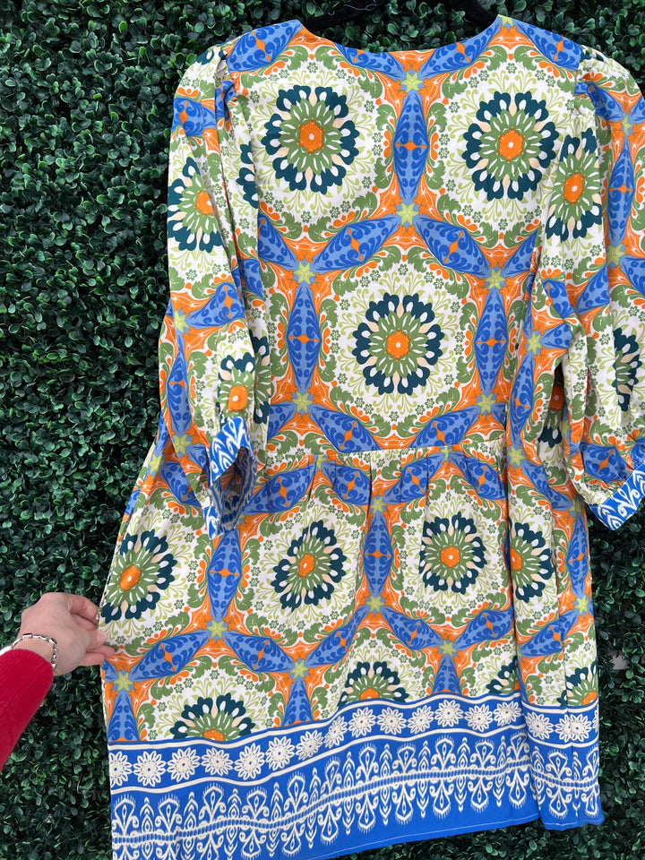 Kaleidoscope Print Dress with pockets joy joy brand blue and green polyester boarder print
