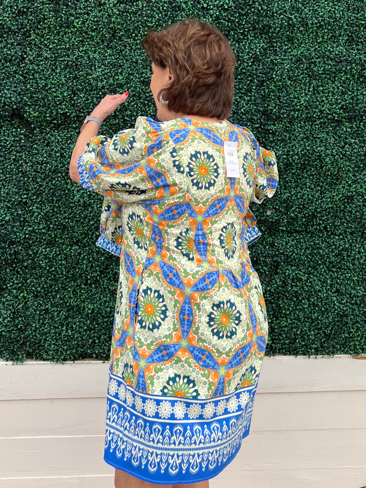Kaleidoscope Print Dress with pockets joy joy brand blue and green polyester boarder print back