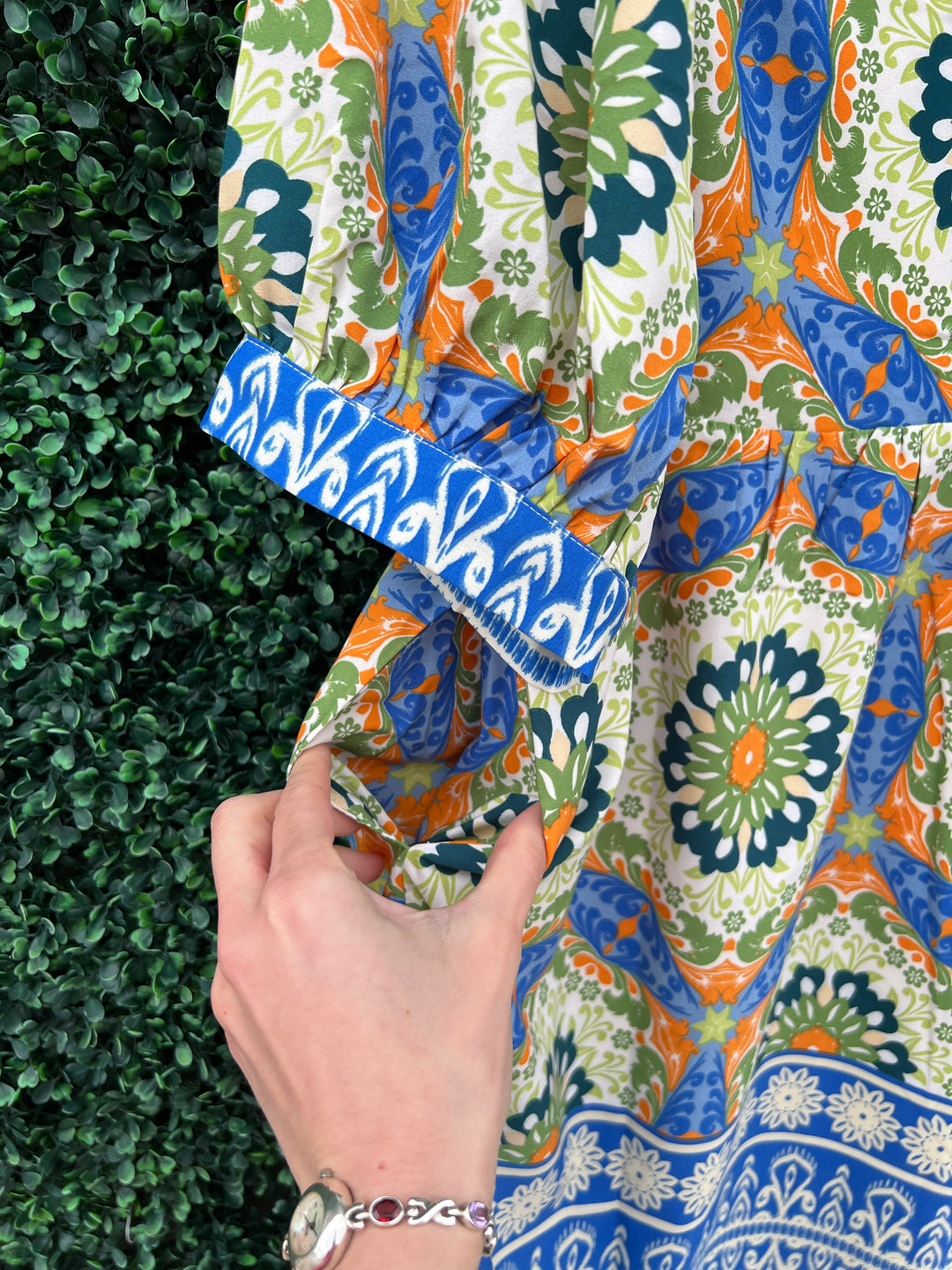 Kaleidoscope Print Dress with pockets joy joy brand blue and green polyester boarder print puff sleeves
