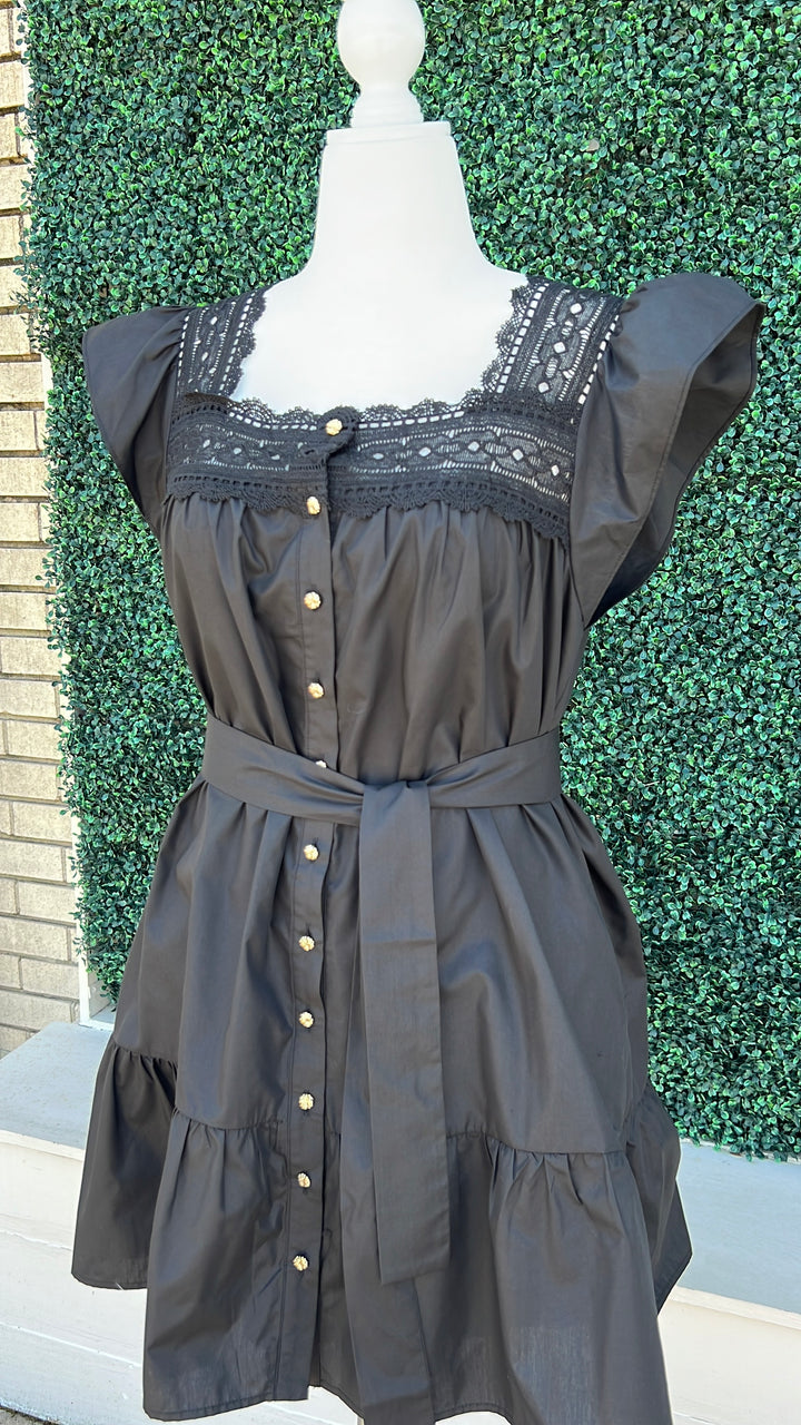 Lace Square Neck Gold Button Dress High end women&