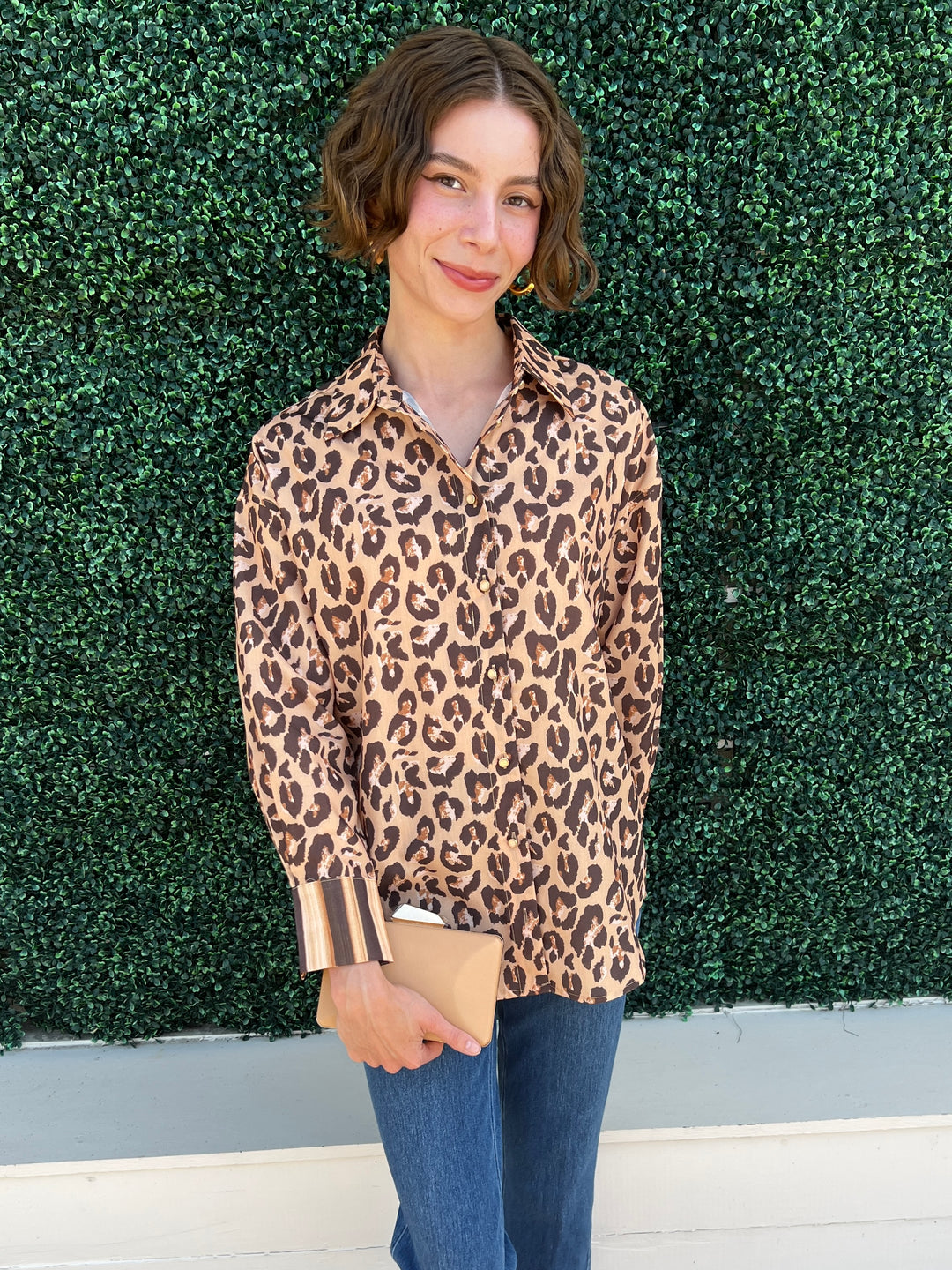 Leopard Button Up Blouse Quality Women's Clothing what to wear over 50