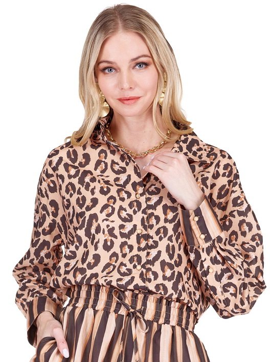 Leopard Button Up Blouse nude and brown quality women&