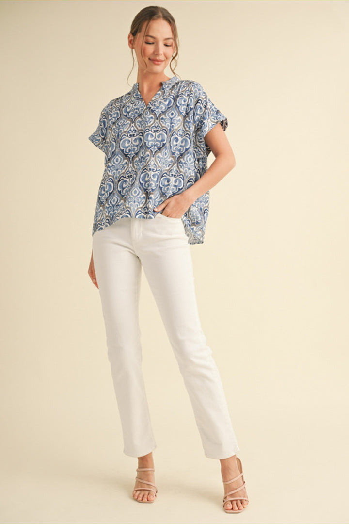 Lightweight Blue grey and White Print Tee v neck cap sleeve