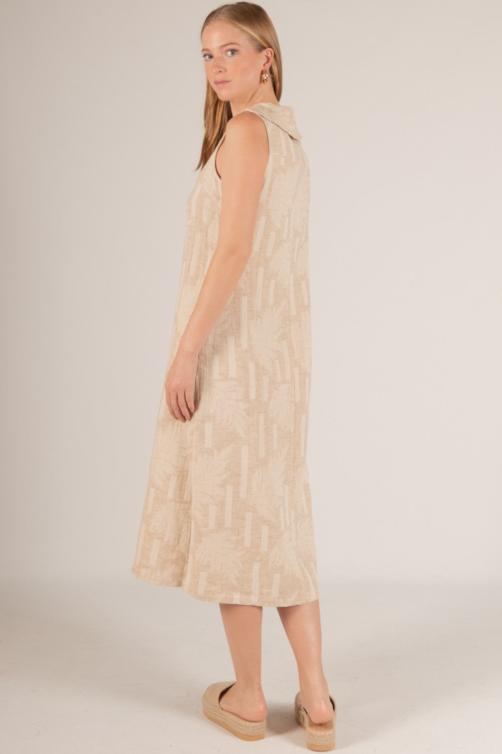 Linen & Cotton Leaf Print Midi Dress cream and tan with slit