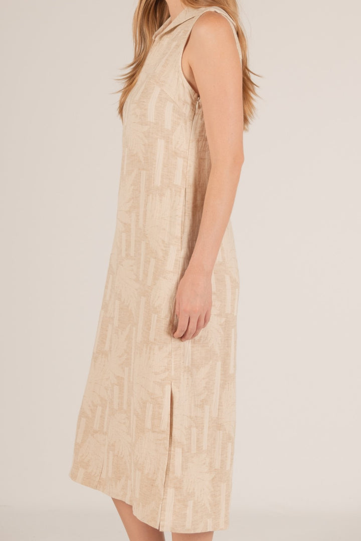 Linen &amp; Cotton Leaf Print Midi Dress cream and tan with slit v neck