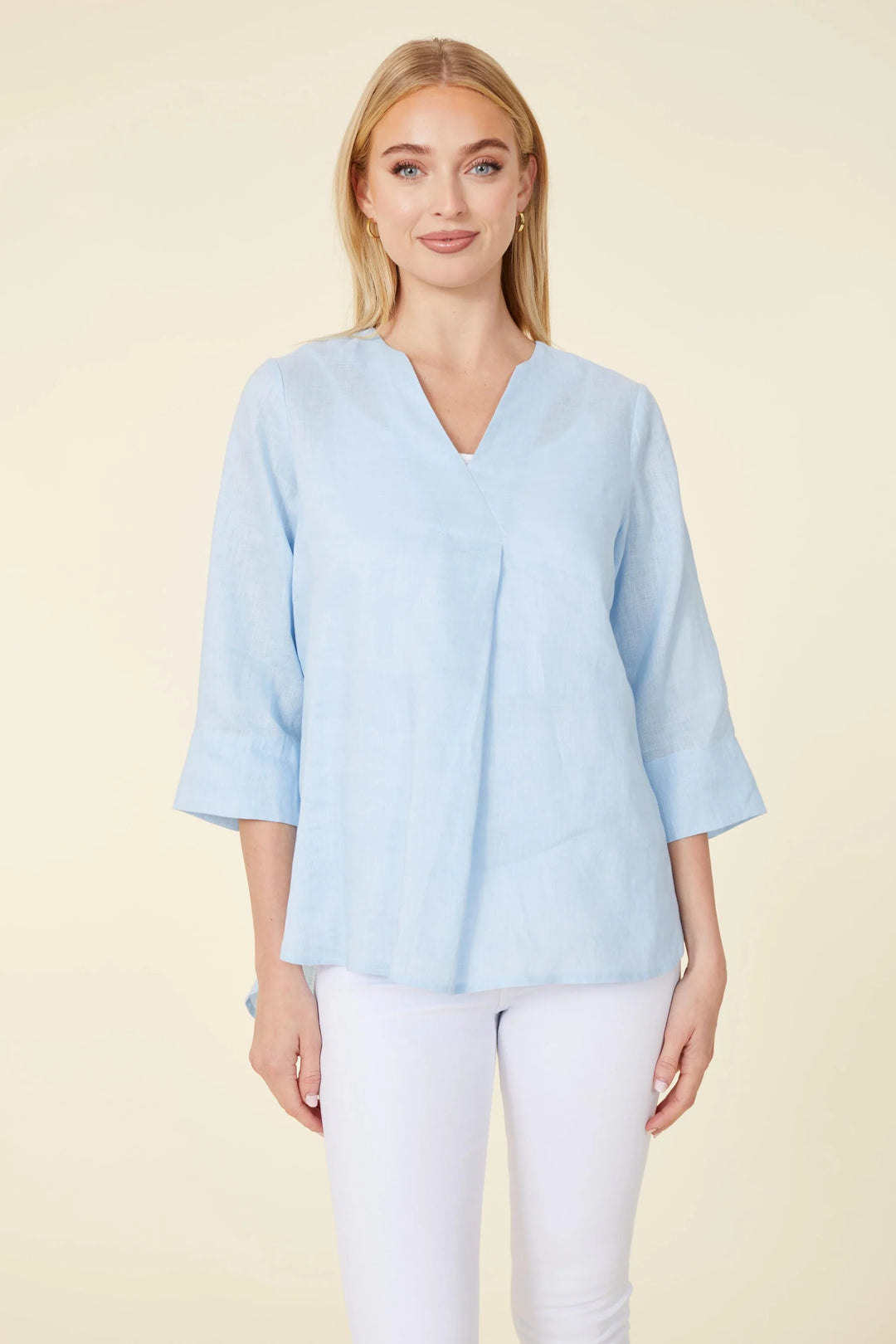 Linen baby blue or hot pink high low blouse made of linen v neck