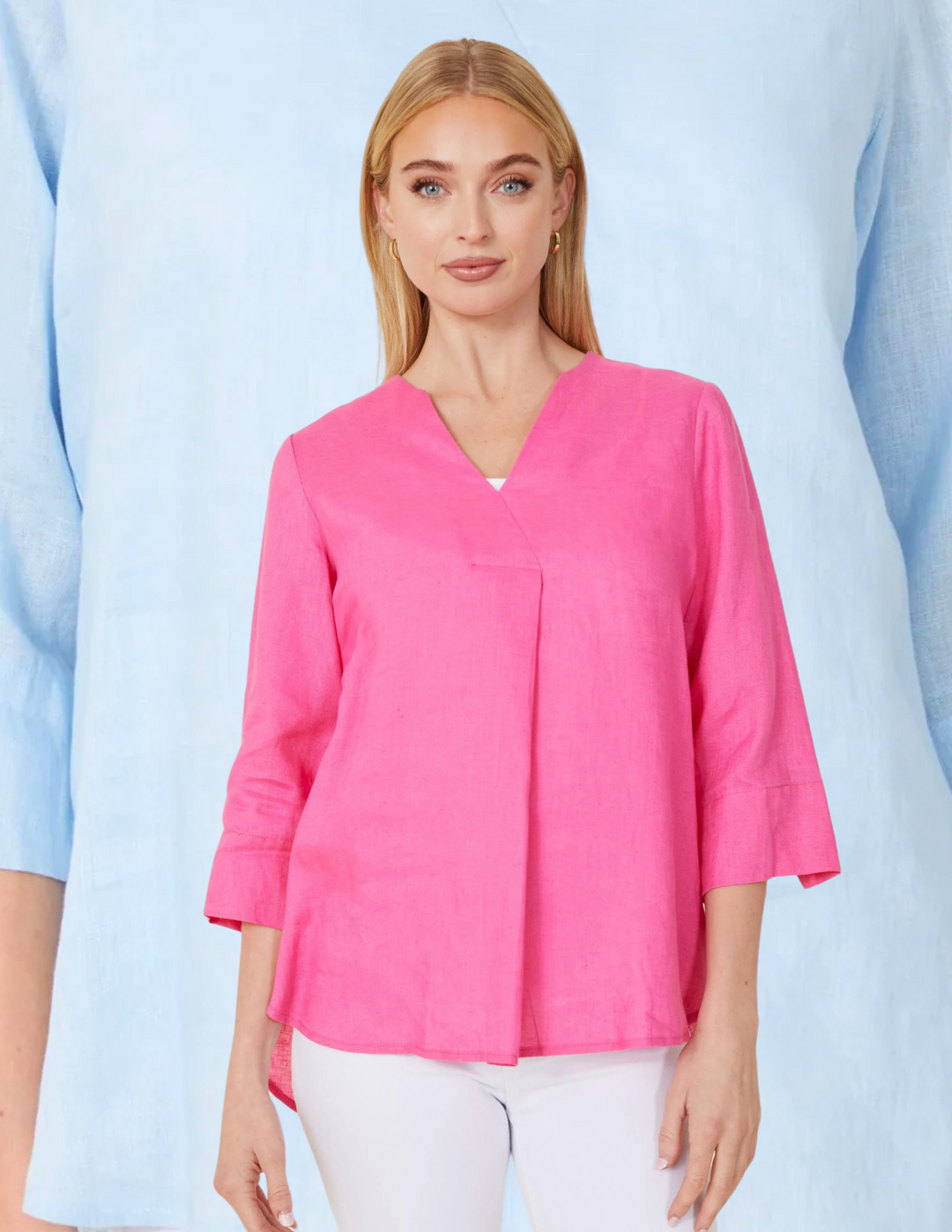 Linen baby blue or hot pink high low blouse made of linen v neck Dolce Cabo