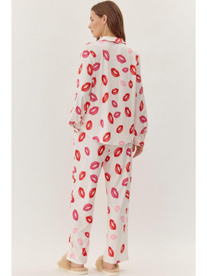 Lips PJ set - Long sleeve top, elastic waist wide leg pant