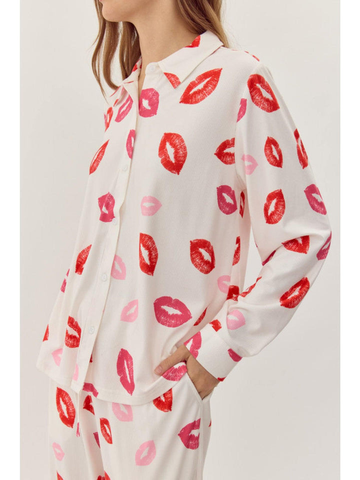 Lips PJ set - Long sleeve top, elastic waist wide leg pant valentines
