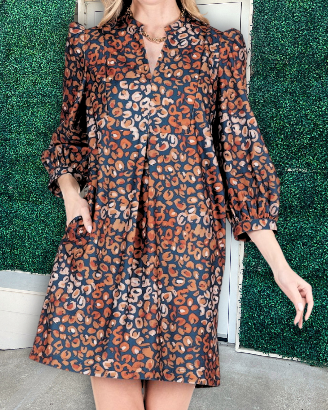 Long Sleeve Leopard Print Dress navy camel and cream jade brand