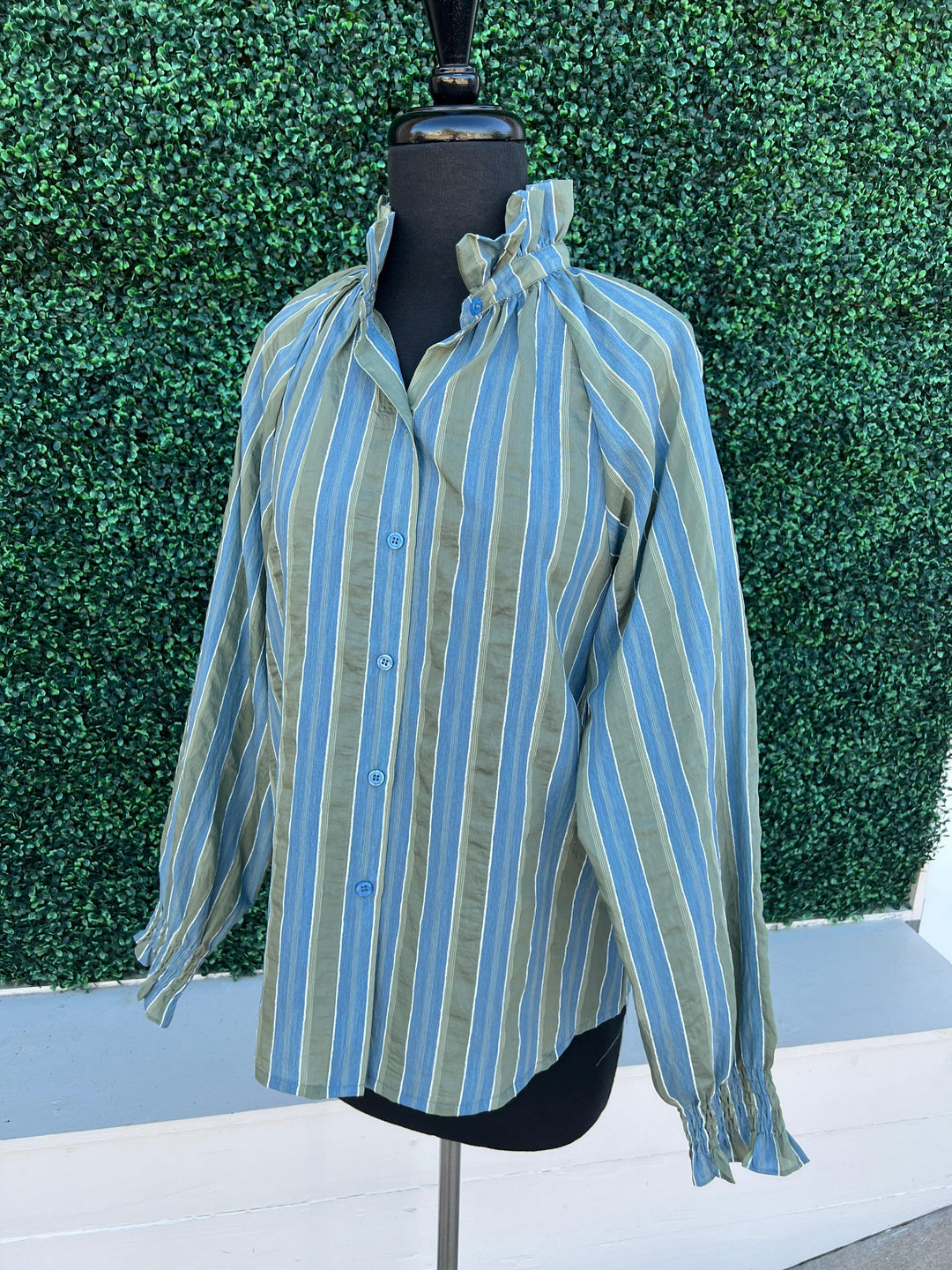 Long Sleeve Ruffle Neck green blue and white Stripe Blouse jade brand