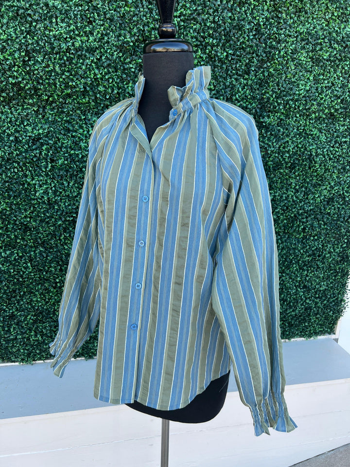 Long Sleeve Ruffle Neck green blue and white Stripe Blouse jade brand