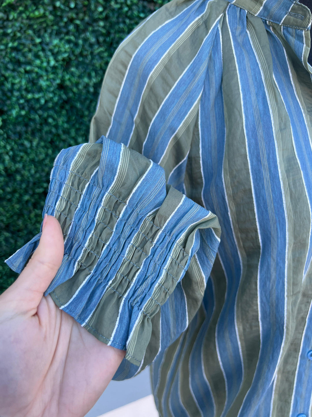 Long Sleeve Ruffle Neck green blue and white Stripe Blouse jade brand with elastic at wrists