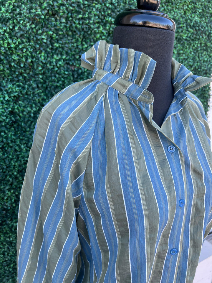 Long Sleeve Ruffle Neck green blue and white Stripe Blouse jade brand with elastic at wrists high end women&