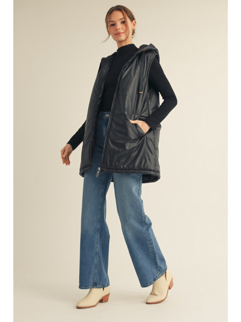 Long thin black Hooded Puffer Vest Jodifl Women's Boutique 