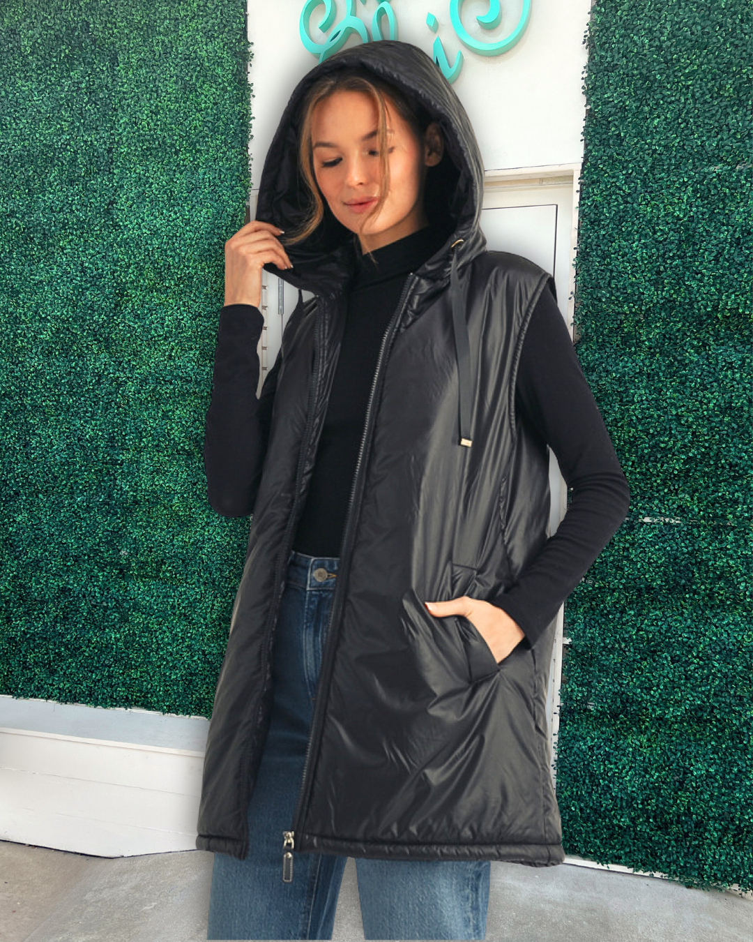 Long thin black Hooded Puffer Vest Jodifl Women's Boutique 