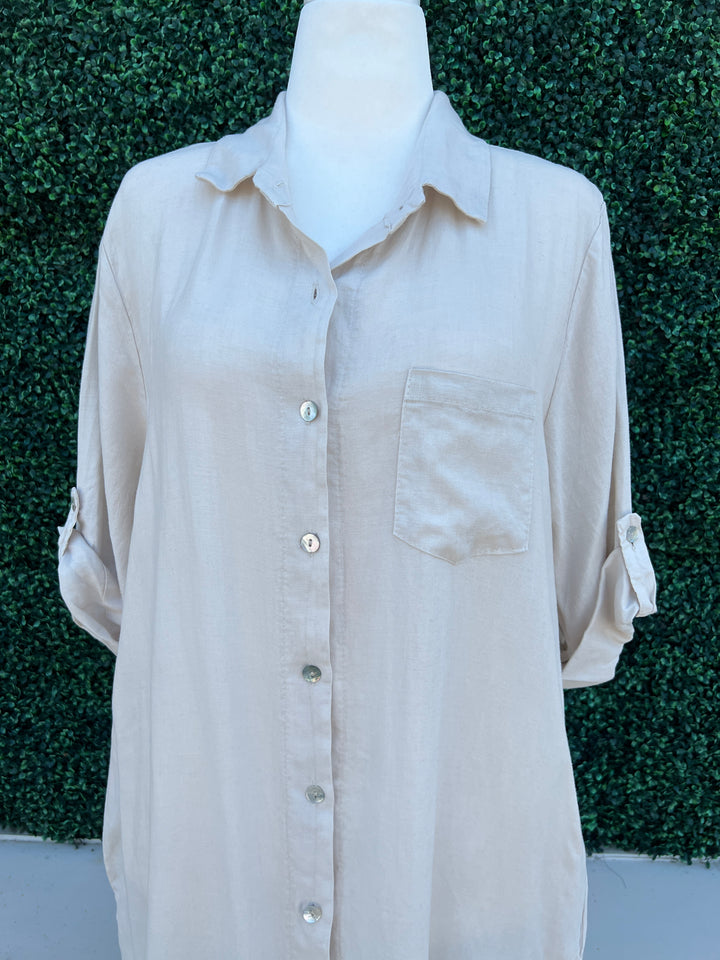Made in Italy cream maxi shirt dress long sleeve button up linen