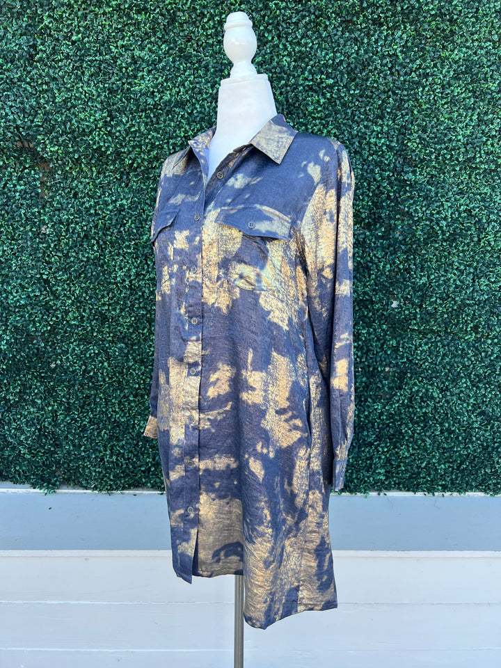 Metallic Splashed Denim Gold Shirt Dress Jodifl Southern Style