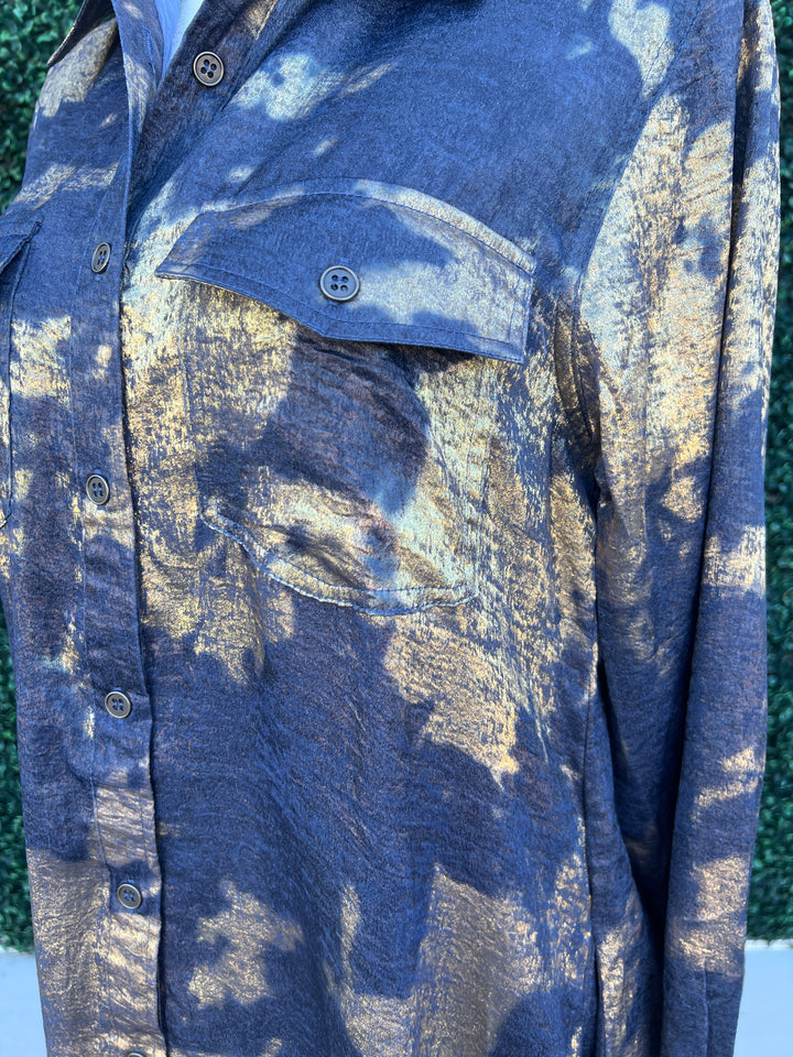Metallic Splashed Denim Gold Shirt Dress Jodifl Southern Style womens boutique 