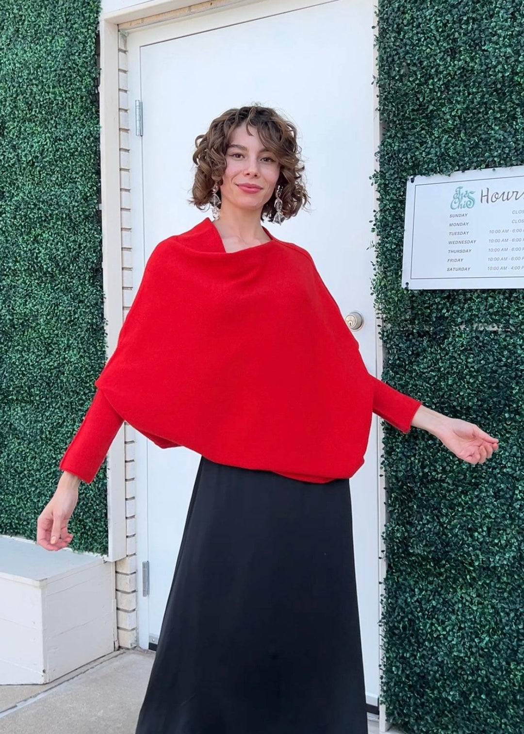 Milio Milano Inc Asymmetrical off the shoulder slouchy red trendy Sweater tres chic womens boutique winter fall 2024