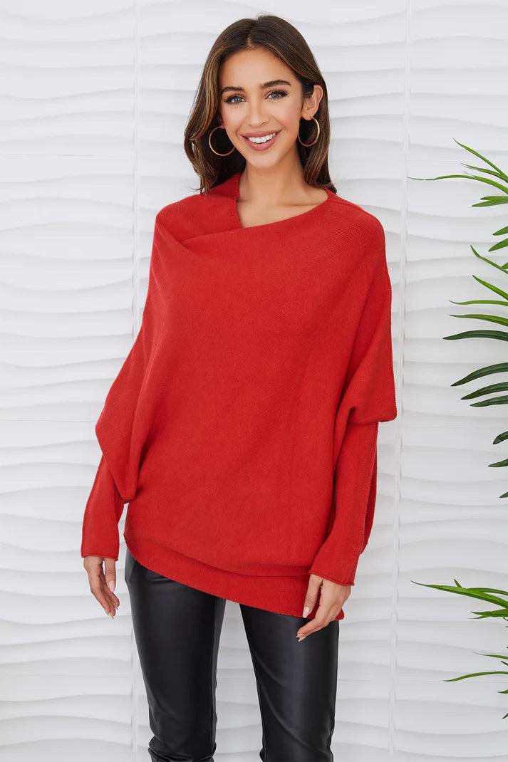 Milio Milano Inc Asymmetrical off the shoulder slouchy red trendy Sweater tres chic womens boutique winter fall 2024 holiday