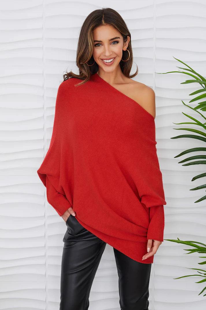 Milio Milano Inc Asymmetrical off the shoulder slouchy red trendy Sweater tres chic womens boutique winter fall 2024 holiday long knitwear