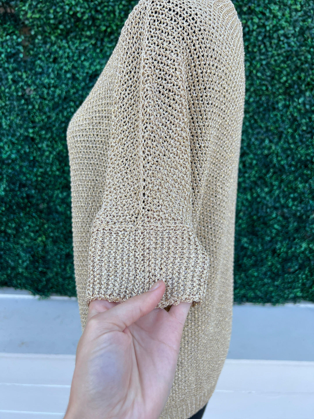 Milio Milano Inc gold metallic open knit sheer blouse holiday 2024 winter fall trendy knitwear