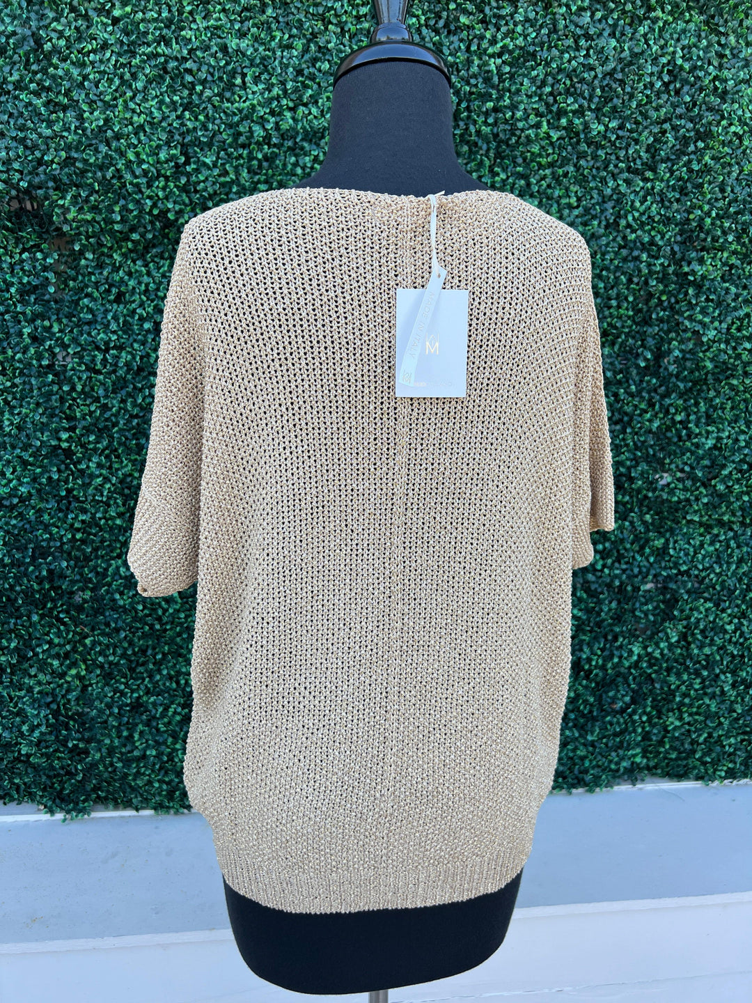 Milio Milano Inc gold metallic open knit sheer blouse holiday 2024 winter fall trendy knitwear cover up