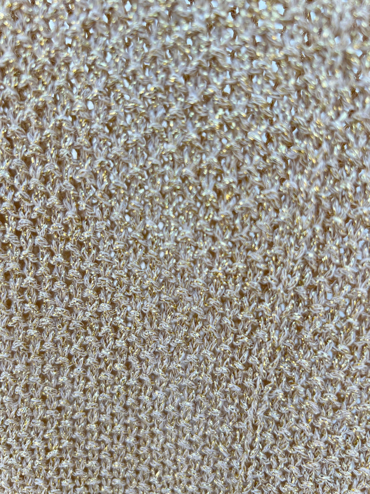 Milio Milano Inc gold metallic open knit sheer blouse holiday 2024 winter fall trendy knitwear cover up