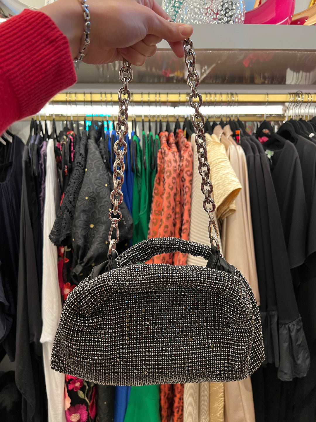Mini Hobo Rhinestones Evening Bag with short and long chain