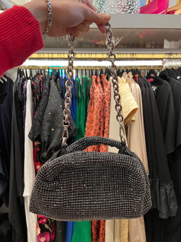 Mini Hobo Rhinestones Evening Bag with short and long chain