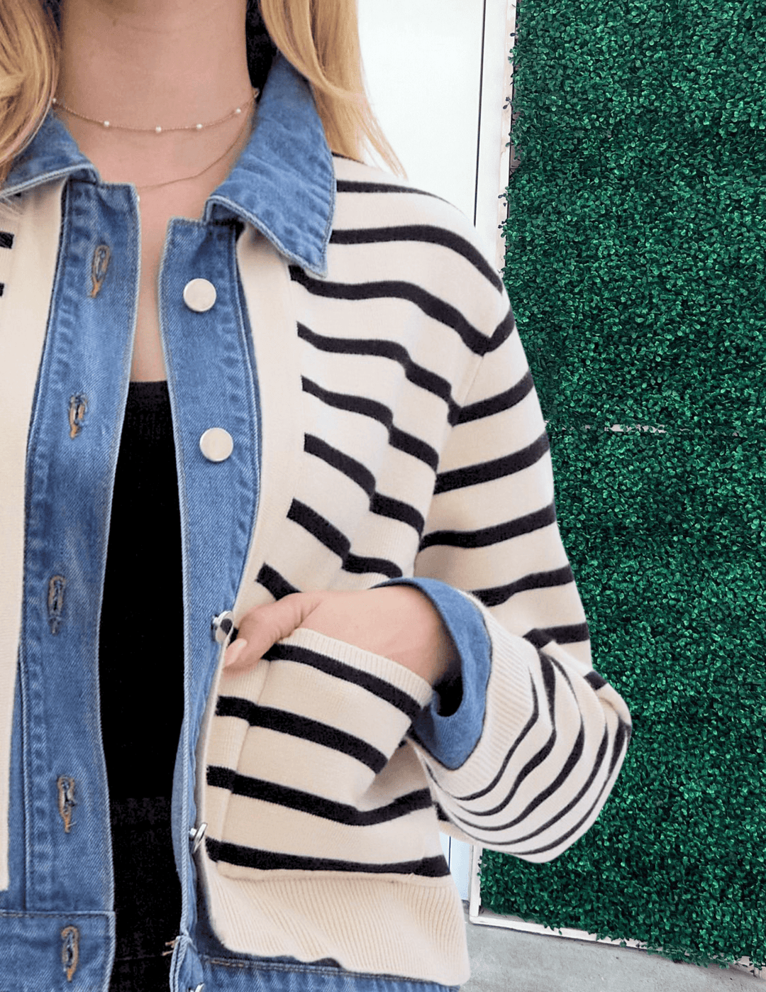 Mock Layered Sweater Over Denim Jacket black stripes on cream background medium wash with pockets