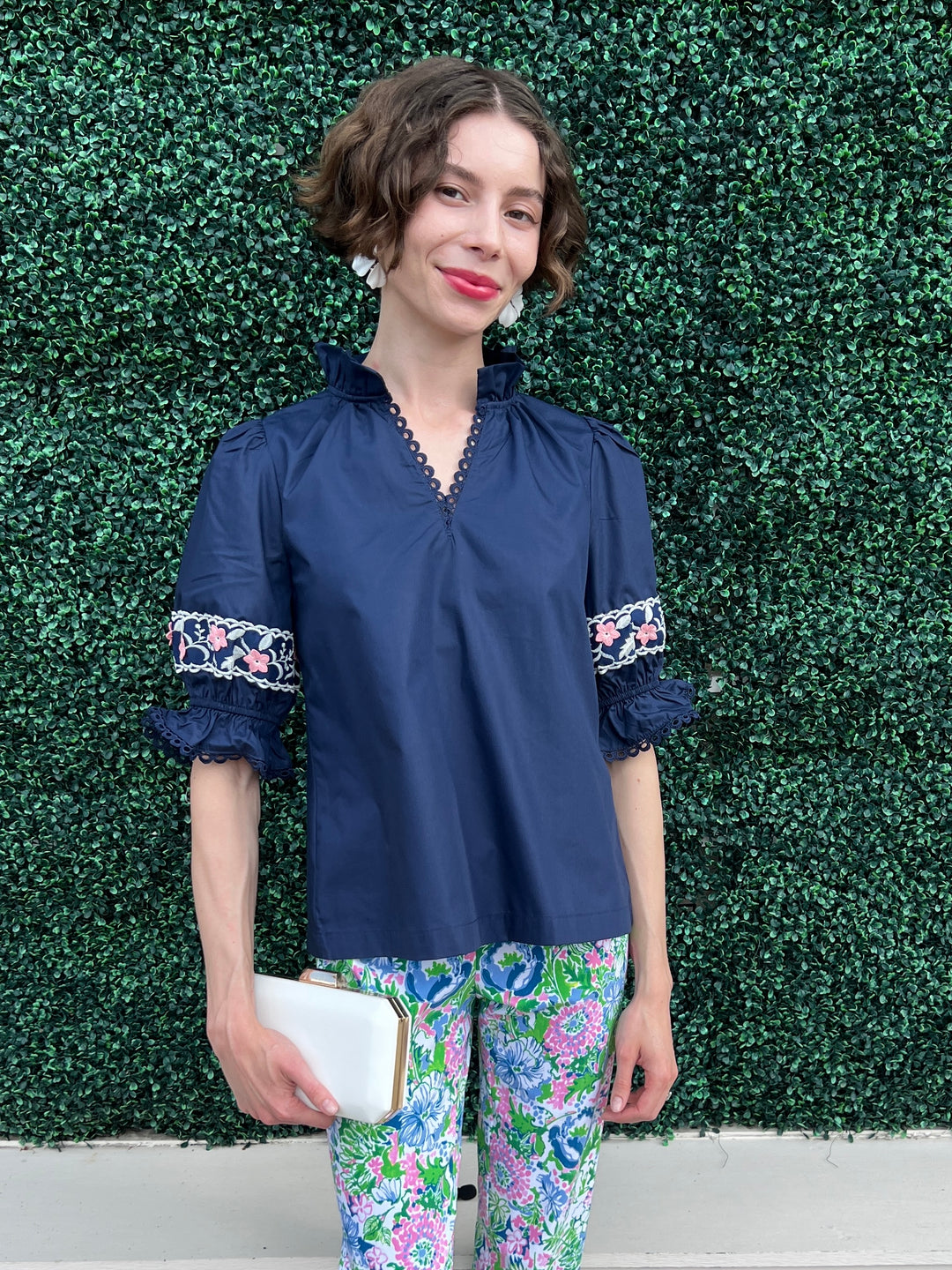 Navy Blush Floral Applique Embroidered Blouse High End Women's Online Boutique