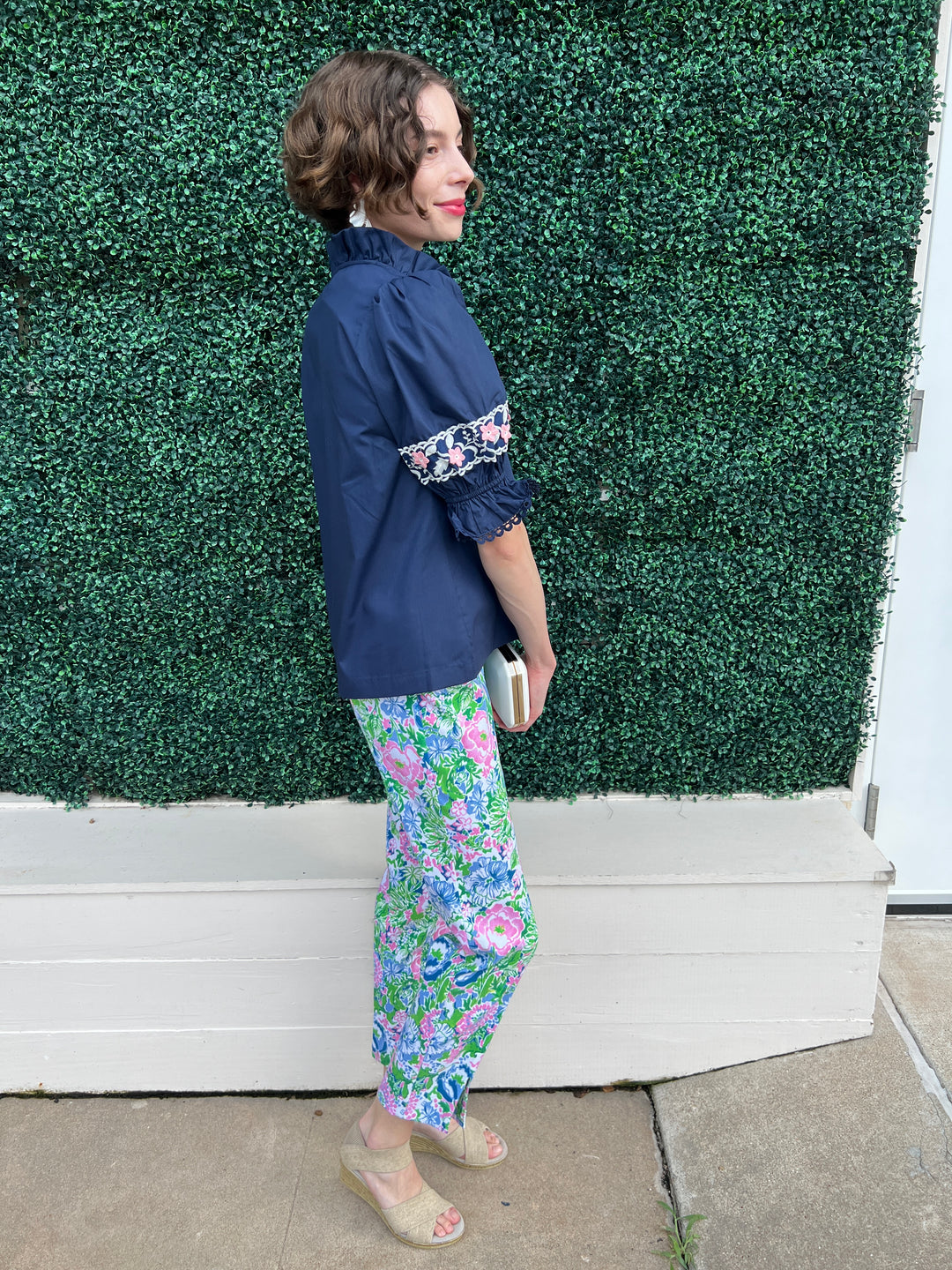 Navy Blush Floral Applique Embroidered Blouse High End Women&