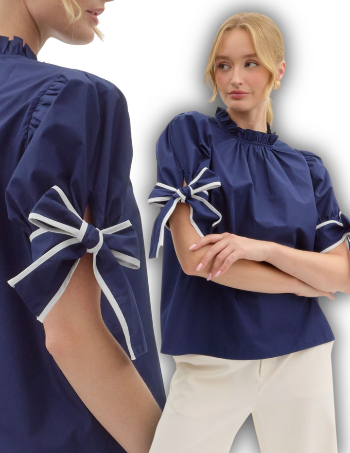 Navy Bow Puff Sleeve Blouse ruffle neck cotton