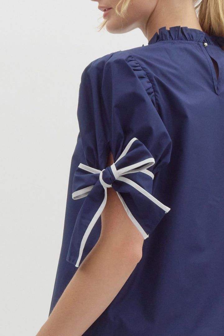 Navy Bow Puff Sleeve Blouse ruffle neck cotton entro brand keyhole with button