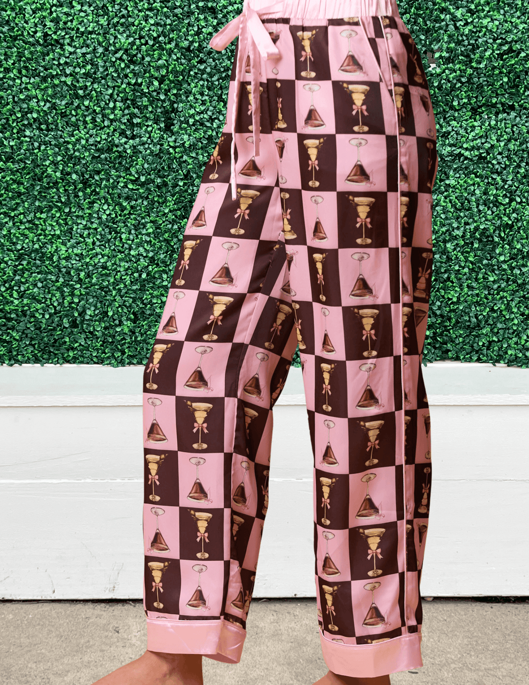 Novelty PJ pants with martini glasses in brown and pink check print