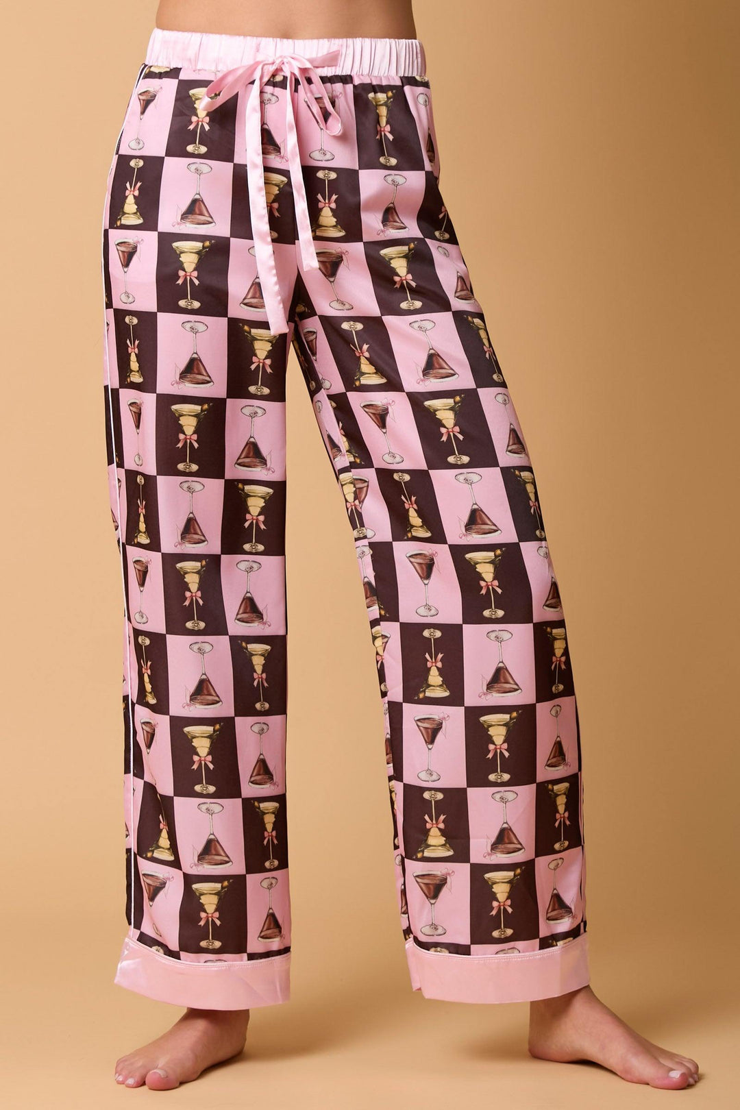 Novelty PJ pants with martini glasses in brown and pink check print holiday gift