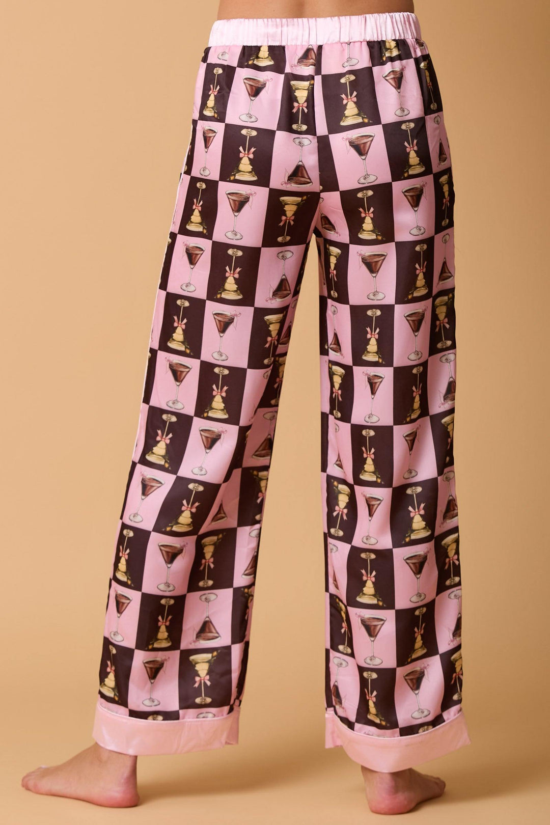 Novelty PJ pants with martini glasses in brown and pink check print holiday gift with matching top