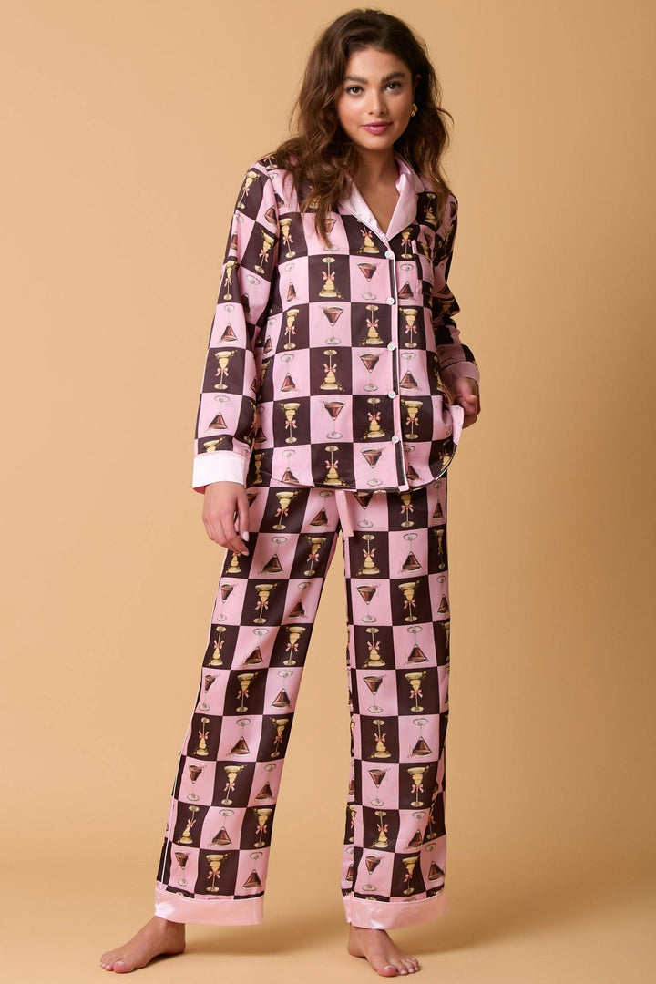 Novelty PJ pants with martini glasses in brown and pink check print holiday gift with matching top silky fabric