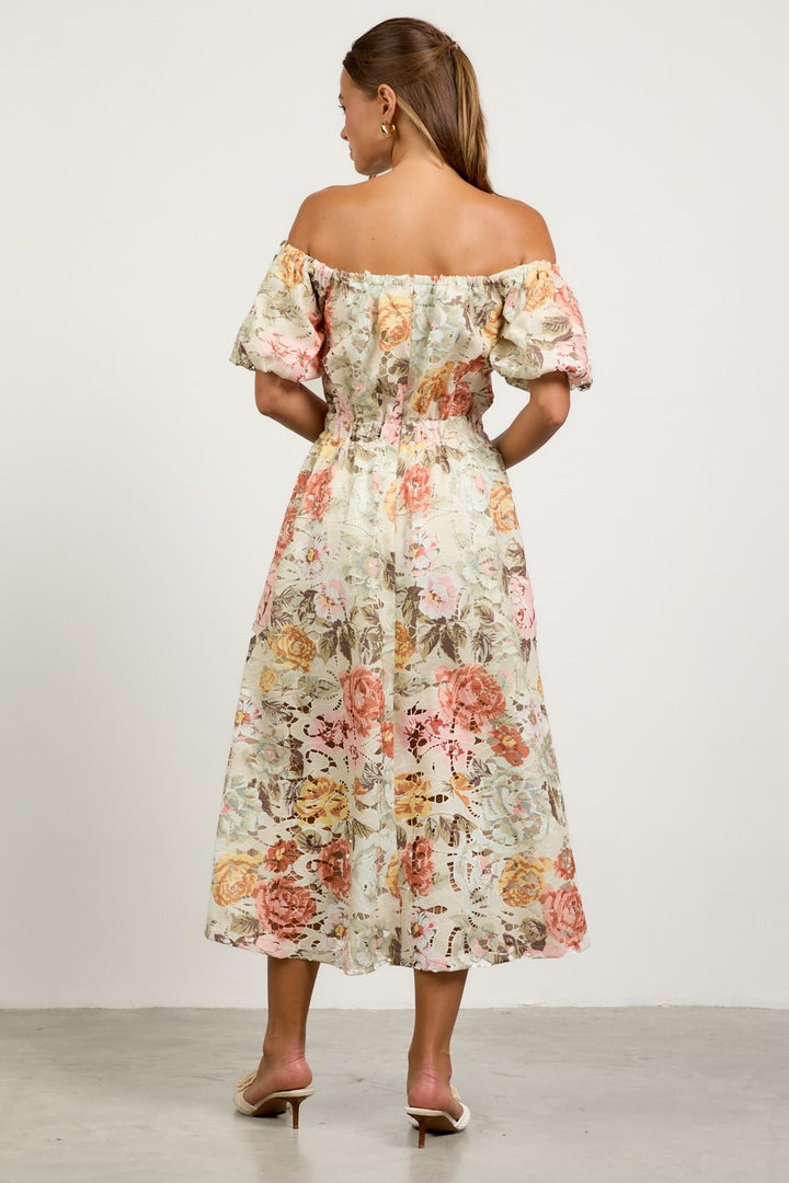 Off Shoulder Floral Lace Maxi Dress mother of the bride spring summer puff sleeve back zipper
