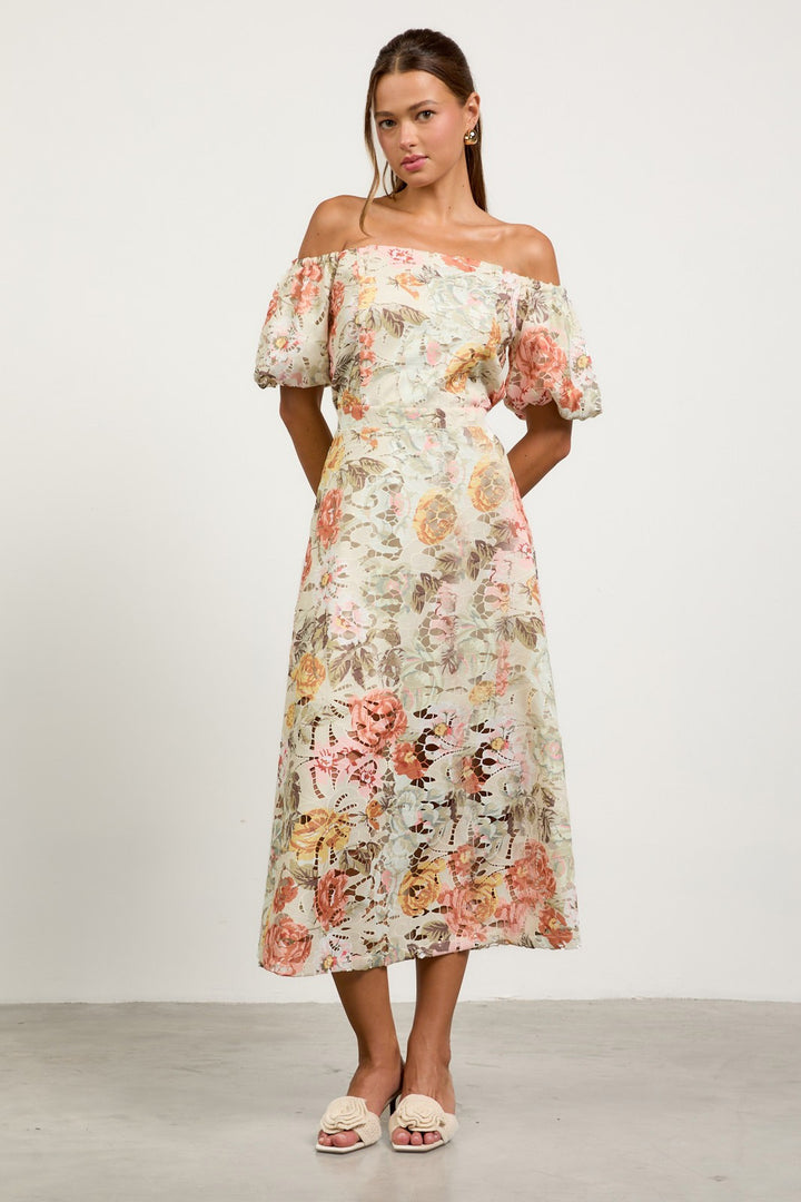 Off Shoulder Floral Lace Maxi Dress mother of the bride spring summer puff sleeve cream blush green