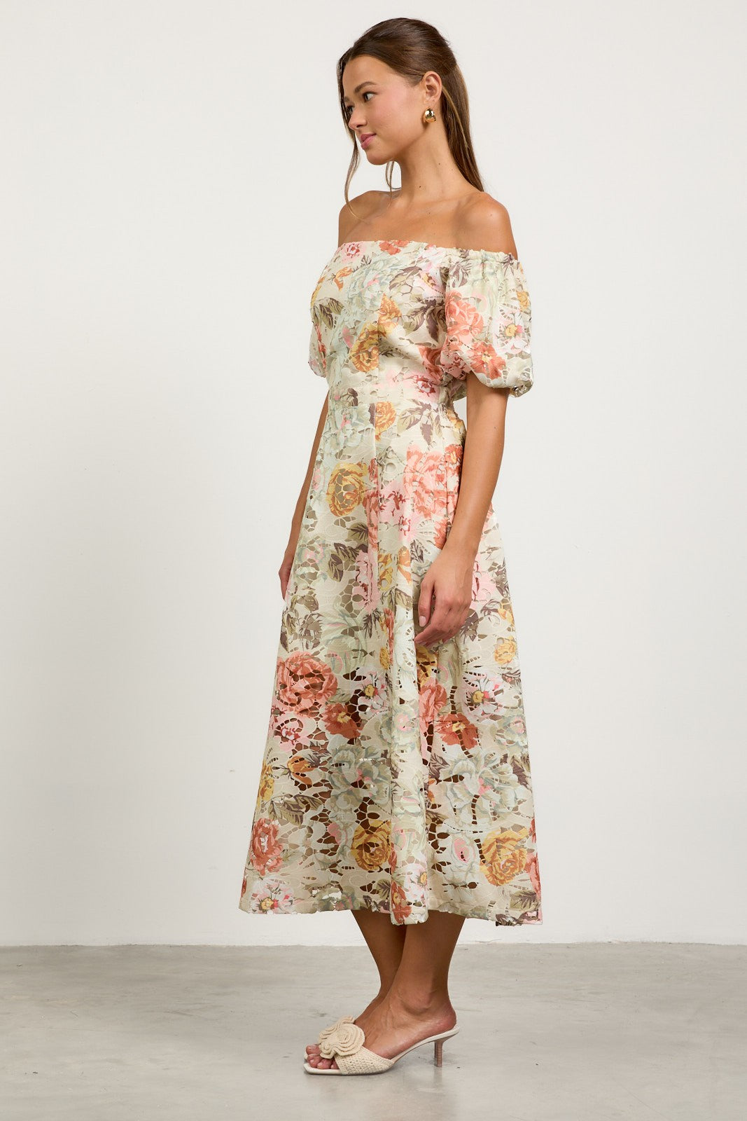 Off Shoulder Floral Lace Maxi Dress mother of the bride spring summer puff sleeve side