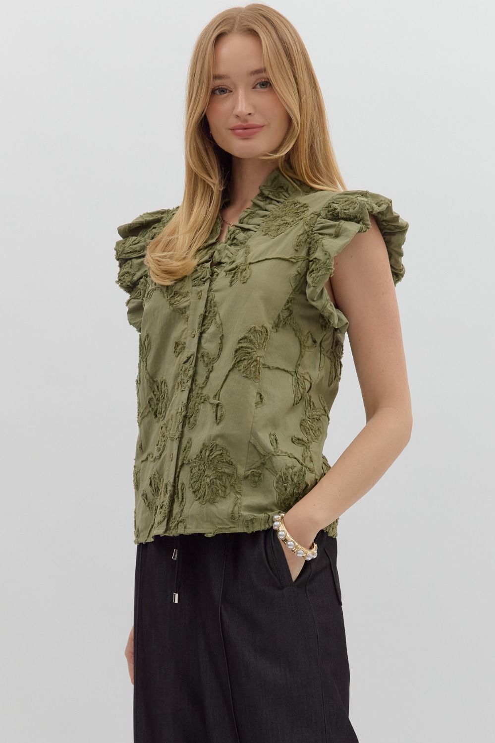 Olive Appliqué Flutter Sleeve Blouse Entro Affordable Boutique tres chic