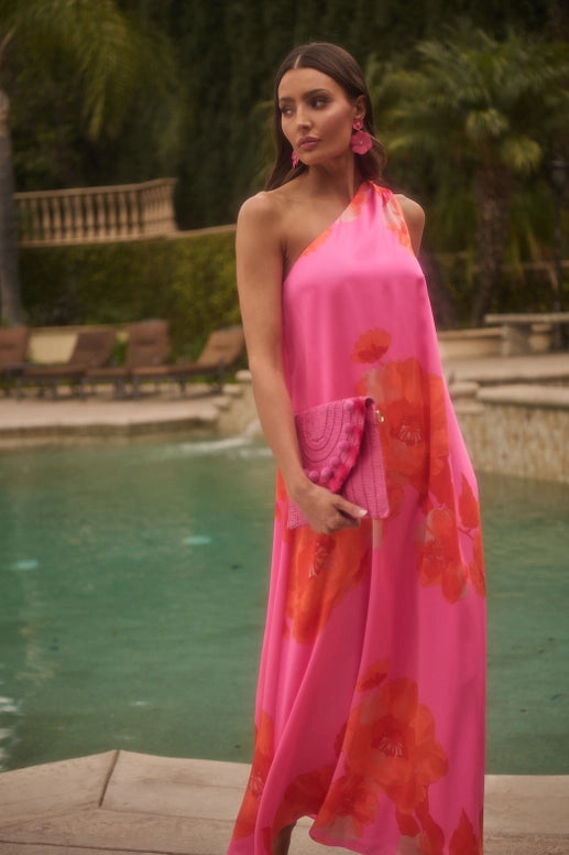 One Shoulder Pink & Orange Maxi Dress