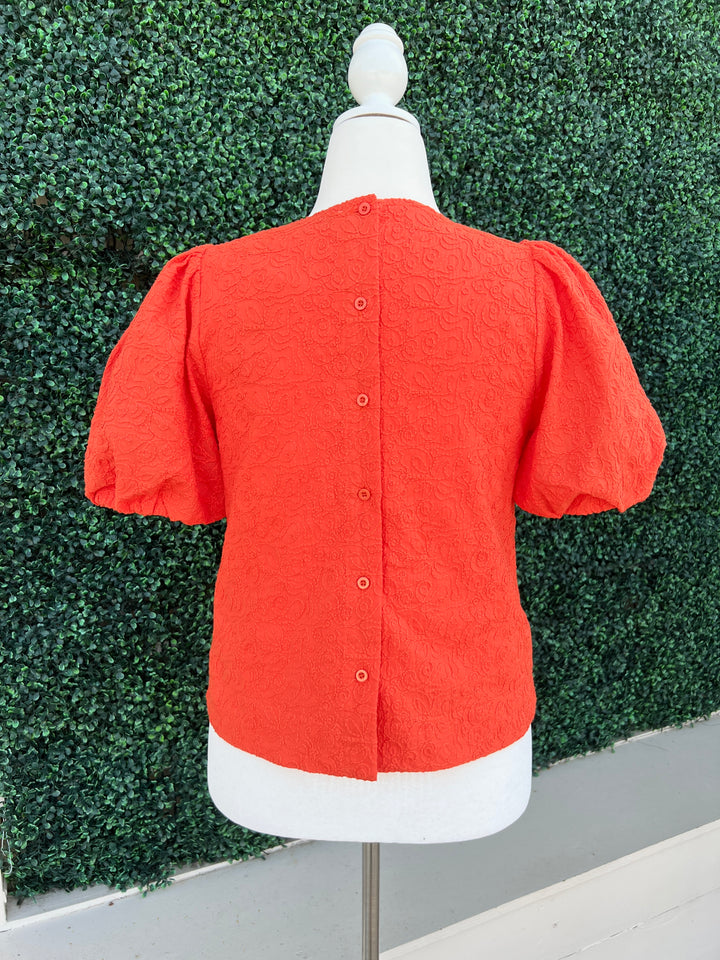 Orange Embroidered Cotton Blouse Quality Women's Boutique Clothing back buttons