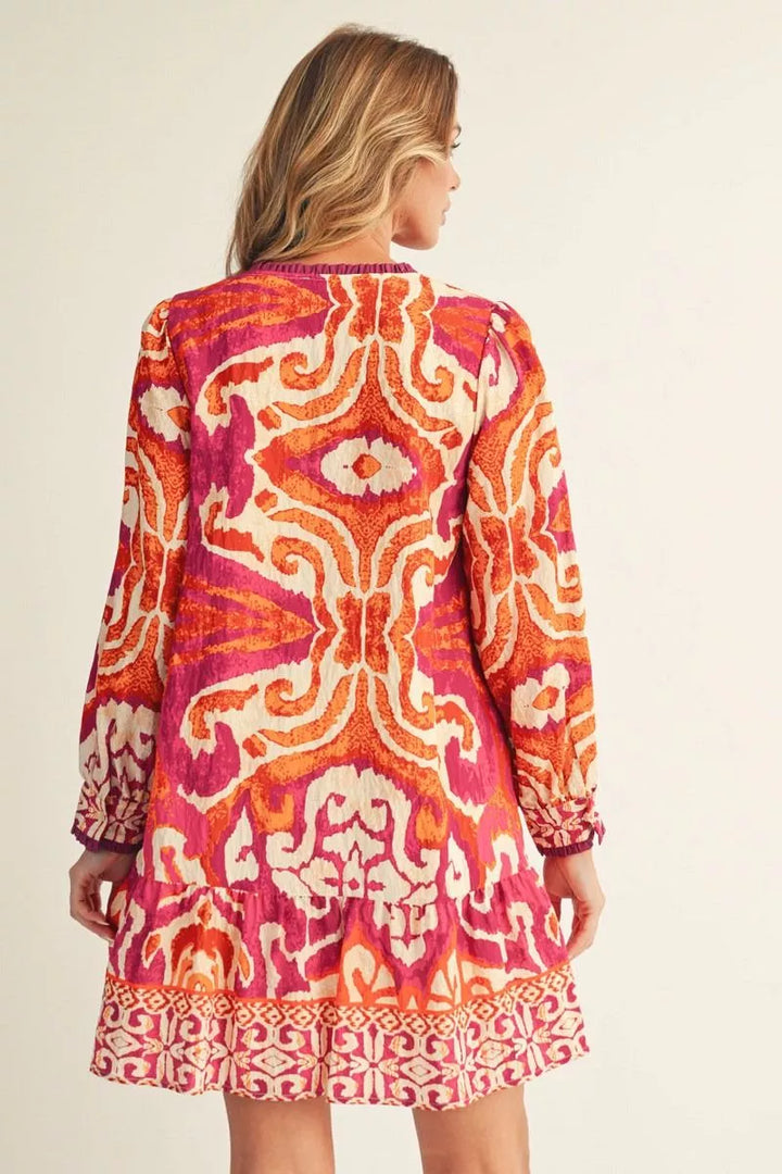 Orange &amp; Pink Print Dress Jodifl Lightweight Ruffle Hem Dress v neck