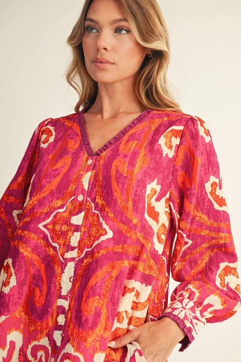Orange &amp; Pink Print Dress Jodifl Lightweight Ruffle Hem Dress v neck pockets
