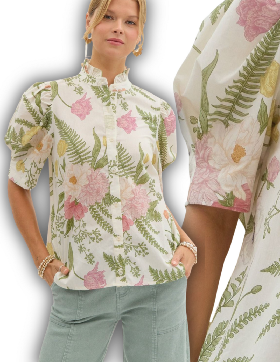 Pastel Botanical Print on cream background Button Up Blouse