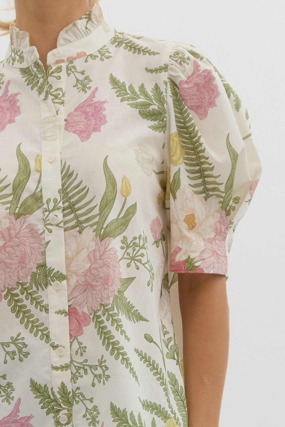 Pastel Botanical Print on cream background Button Up Blouse ruffle neck